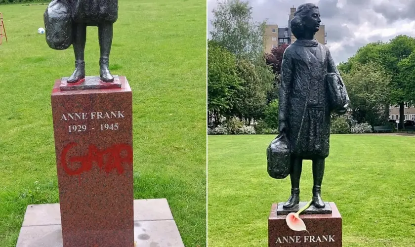 O monumento de Anne Frank, uma menina judia vítima do Holocausto, foi pichado com a palavra "Gaza" em Amsterdã, na Holanda. Foto: Reprodução/X/@mrconfino/Wikimedia Commons/Citius Altius Fortius