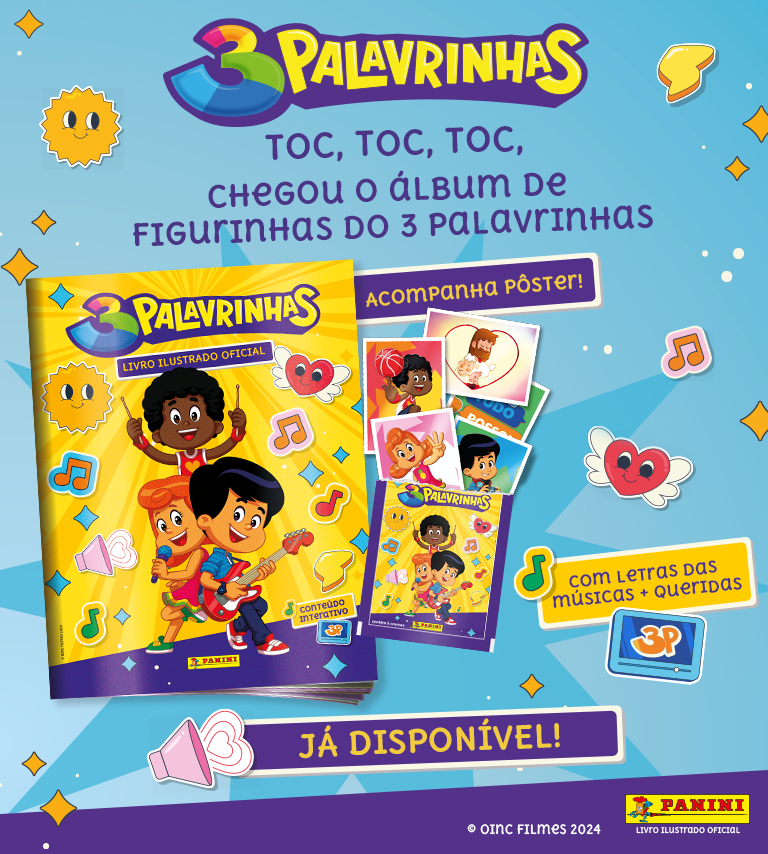 A Panini anuncia o lançamento do aguardado álbum de figurinhas do 3 Palavrinhas, o maior canal infantil cristão do YouTube. Foto: Divulgação.