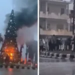 Uma árvore de Natal na Síria foi incendiada por combatentes ligados ao grupo jihadista Hay’at Tahrir al-Sham (HTS), apoiado pela Turquia. Foto: Reprodução/Greek City Times