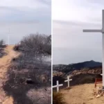 A cruz de uma universidade sobrevive intacta aos incêndios florestais em Malibu, destacando fé e resiliência em meio à destruição. Foto: Captura de tela/Instagram/pepperdine