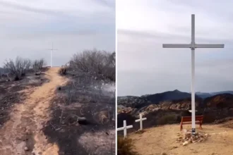 A cruz de uma universidade sobrevive intacta aos incêndios florestais em Malibu, destacando fé e resiliência em meio à destruição. Foto: Captura de tela/Instagram/pepperdine