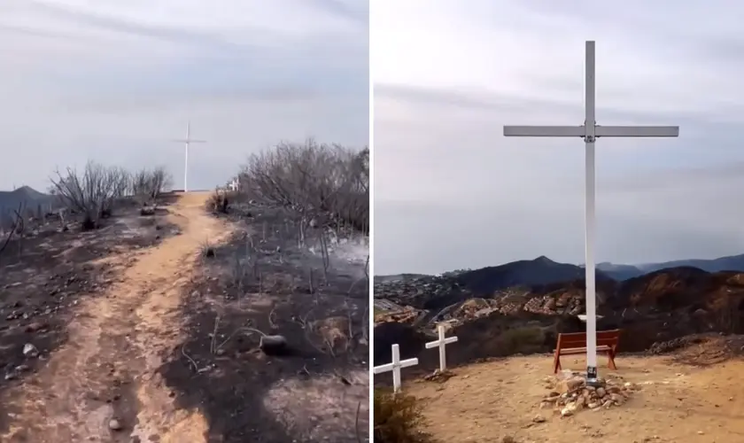 A cruz de uma universidade sobrevive intacta aos incêndios florestais em Malibu, destacando fé e resiliência em meio à destruição. Foto: Captura de tela/Instagram/pepperdine