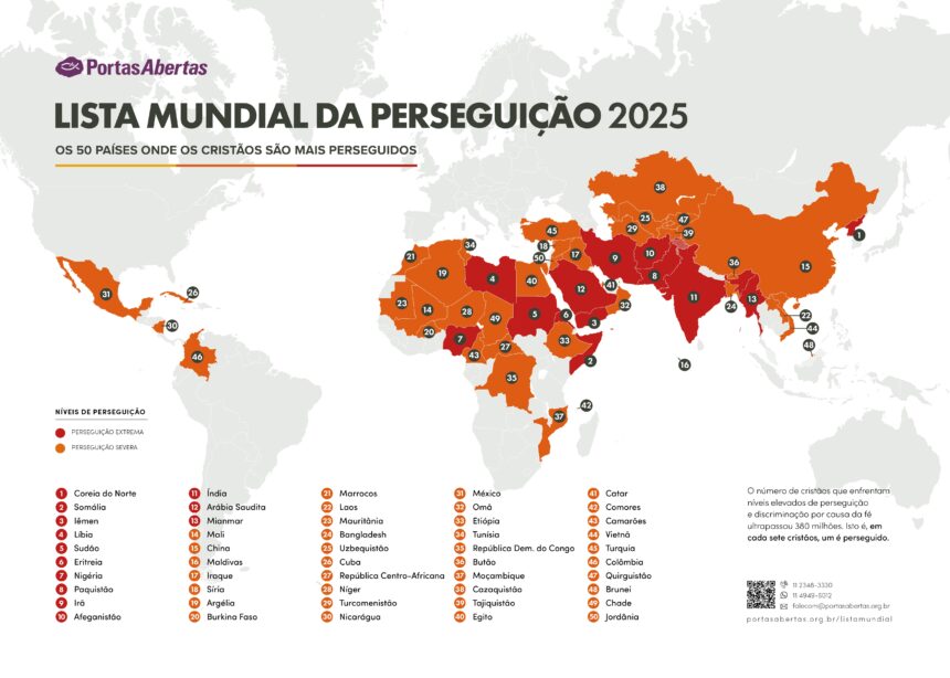 Portas Abertas lança a Lista Mundial da Perseguição 2025, destacando os 50 países com maior perseguição aos cristãos. Foto: Divulgação.