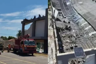 O teto da Igreja Videira desabou em Goiânia durante a instalação de placas solares. Um operário ficou ferido, mas não houve fatalidades. Foto: Reprodução/X/Contigo.