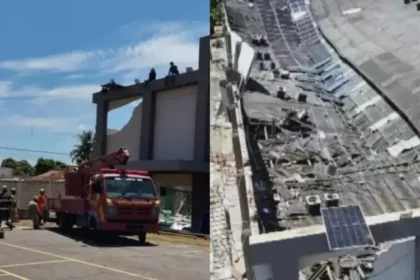 O teto da Igreja Videira desabou em Goiânia durante a instalação de placas solares. Um operário ficou ferido, mas não houve fatalidades. Foto: Reprodução/X/Contigo.