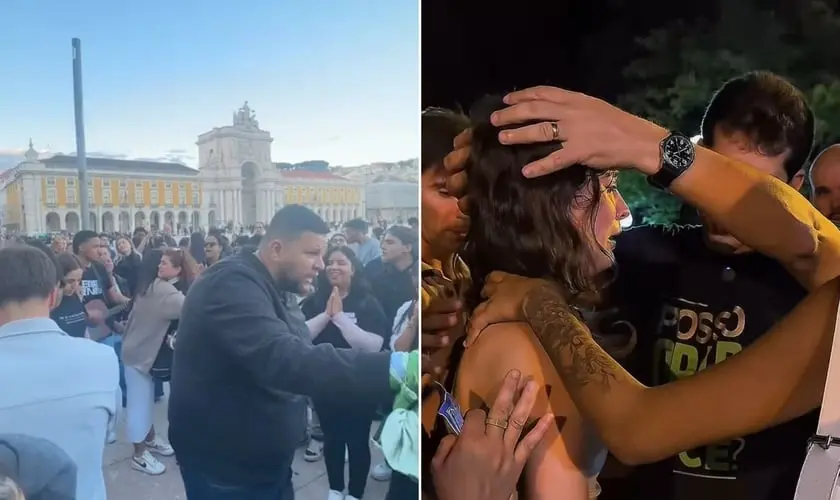 Cristãos realizam evangelismo no Carnaval em Portugal e Uruguai, impactando vidas com louvor, oração e pregação do Evangelho. Foto: Reprodução/Instagram/Aviva Lisbon Movement/Clebison Bandeira