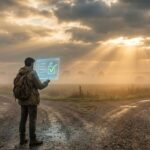Viajante com mochila parado em uma encruzilhada de terra, observando um holograma futurista com uma lista de verificação, sob um céu com raios de sol rompendo as nuvens.