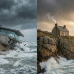Imagem dividida comparando duas casas durante uma tempestade: à esquerda, uma casa moderna desabando na areia; à direita, uma casa de pedra firme sobre um penhasco rochoso.