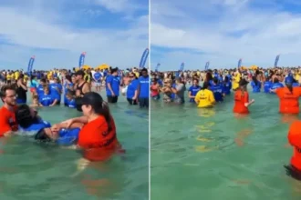 Batismo em praia reúne mil pessoas na Flórida, marcando um momento de fé, decisão e transformação espiritual. Foto: Reprodução/Instagram/Grace Family Church