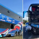 Acidente de ônibus de igreja e uma carreta carregada de açúcar deixou duas pessoas mortas e mais de 30 feridas, em Uberaba (MG). Foto: Reprodução/TV Integração/g1