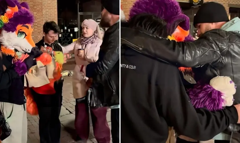 Evangelismo nas ruas leva três jovens fantasiados de animais a conhecerem Jesus após oração feita por evangelista nos Estados Unidos. Foto: Reprodução/Instagram/Philip Renner