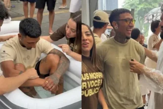 Ex-ateu aceita Jesus e é batizado durante um evangelismo feito por missionários realizado na Avenida Paulista, em São Paulo. Foto: Reprodução/Instagram/Allan Machado