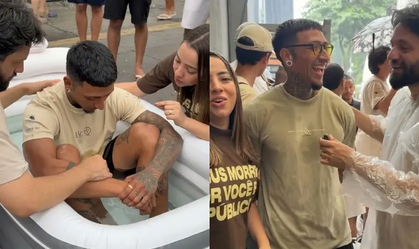 Ex-ateu aceita Jesus e é batizado durante um evangelismo feito por missionários realizado na Avenida Paulista, em São Paulo. Foto: Reprodução/Instagram/Allan Machado