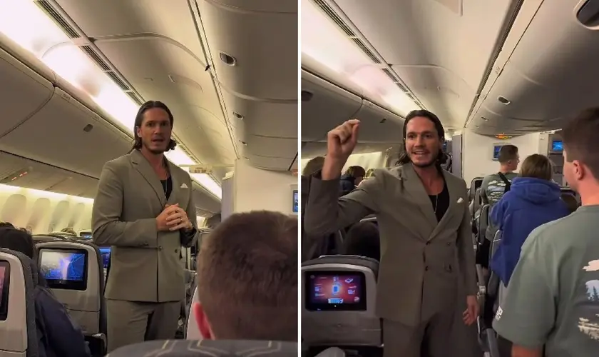 Evangelismo em avião chama atenção de passageiros após pregador compartilhar seu testemunho de conversão e anunciar a mensagem de Jesus. Foto Reprodução/Instagram/Miro Wittwer