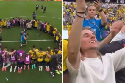 A seleção do Equador agradeceu a Deus de joelhos após vencer a Alemanha por 2 a 1 e garantir vaga na próxima fase da Copa. Foto: Reprodução/Instagram/Cristianos en Política