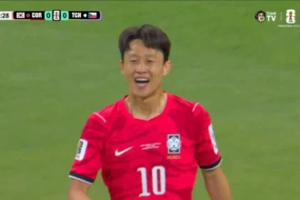 O jogador da Coreia do Sul, Lee Jae-Sung, cita versículo após a vitória da equipe na estreia da Copa do Mundo de 2026. Foto: Reprodução/YouTube/CazéTV