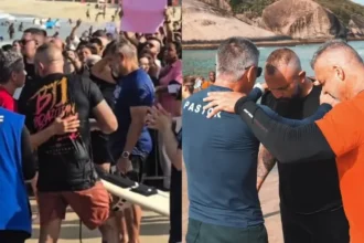 Surfista é surpreendido durante um batismo em praia no Rio de Janeiro, decide entregar sua vida a Jesus e é batizado. Foto: Reprodução/Instagram/ibatitude/Reprodução/Instagram/ pablovieirabjj