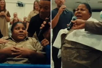 Uma detenta foi batizada durante um culto em uma prisão nos EUA e emocionou ao conduzir um momento de louvor e adoração a Deus. Foto: Reprodução/Instagram/God Behind Bars