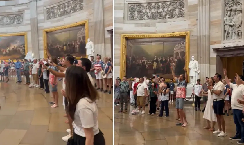 Cristãos nos EUA cantam "Amazing Grace" no Capitólio durante celebrações dos 250 anos da Independência americana. Foto: Captura de tela/X/Sean Feucht