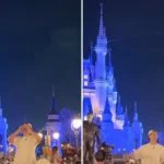 Durante uma visita, cristão aproveita a oportunidade para pregar o Evangelho diante do famoso castelo da Disney, em Orlando. Foto: Reprodução/Instagram/Jonathan Perde