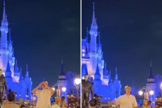 Durante uma visita, cristão aproveita a oportunidade para pregar o Evangelho diante do famoso castelo da Disney, em Orlando. Foto: Reprodução/Instagram/Jonathan Perde