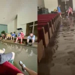 Enchente nos EUA alaga igreja em Indiana, mas congregação permanece no templo para louvar a Deus e demonstrar fé em meio à tempestade. Foto: Facebook/Harvest - Sharing Life