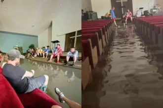 Enchente nos EUA alaga igreja em Indiana, mas congregação permanece no templo para louvar a Deus e demonstrar fé em meio à tempestade. Foto: Facebook/Harvest - Sharing Life