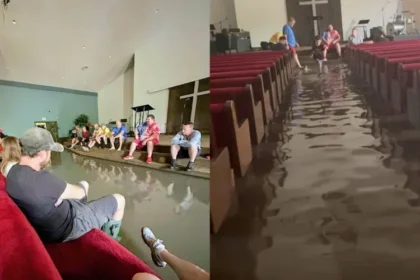 Enchente nos EUA alaga igreja em Indiana, mas congregação permanece no templo para louvar a Deus e demonstrar fé em meio à tempestade. Foto: Facebook/Harvest - Sharing Life