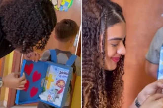 Menino cristão transforma atividade escolar em evangelismo com distribuição de versículos e mensagens sobre o amor de Jesus. Foto: Reprodução/Instagram/Cynthia Ferreira